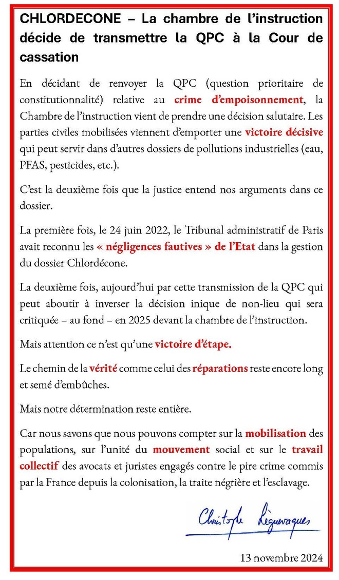 Chlordecone : Transmission de la QPC sur l'empoisonnement à la Cour de cassation