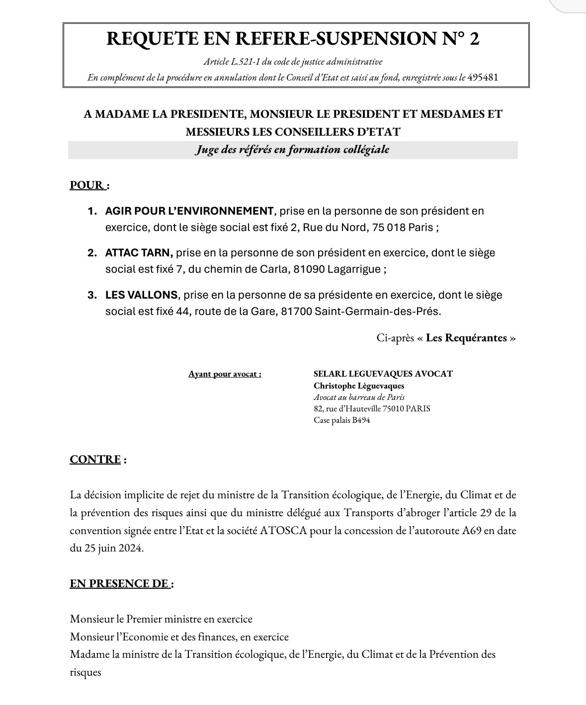 A69 - Référé-suspension du contrat de concession